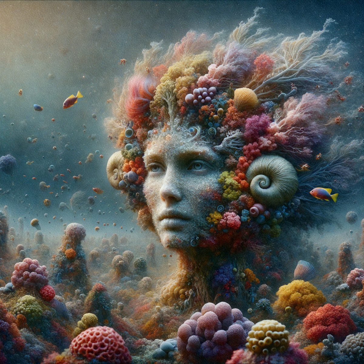 The primary subject of the image is a woman's face, which is the focal point of the artwork. The setting is a vibrant and colorful environment, with a backdrop of a flower-covered head. The visual style is a combination of digital art and illustration, creating a unique and eye-catching piece of art. The colors and mood of the image are lively and energetic, with a strong emphasis on the woman's face and the surrounding floral elements.